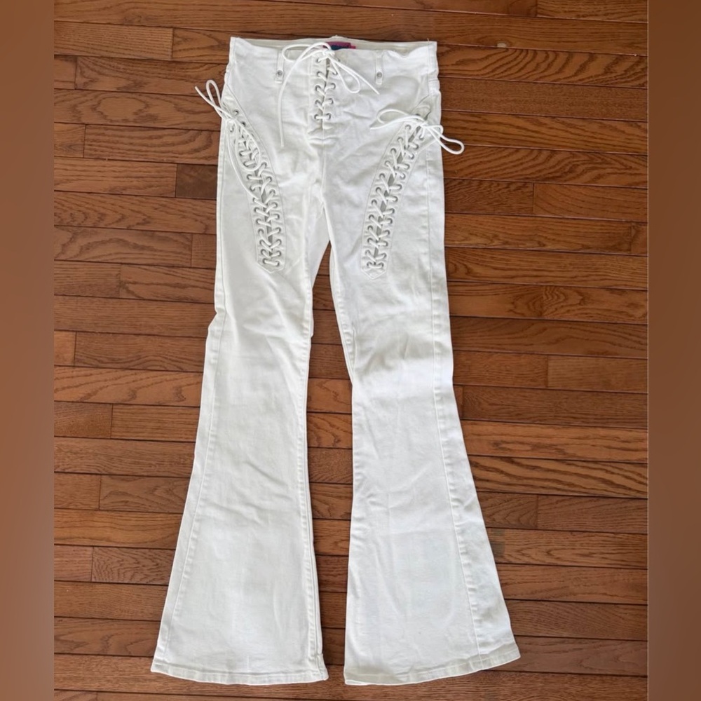 Edikted White High-Rise Lace-Up Flare Jeans- Size Medium